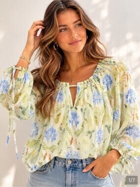 LOFT Floral Blouse SMALL NWT 2025 Green Blue $69.95 Flowy Top Loose fit Shirt
